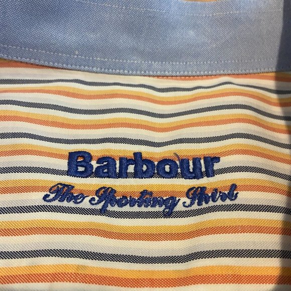 Barbour Men L Button Down Shirt Orange Vertical Stripe Long Sleeve Collared - Picture 4 of 10